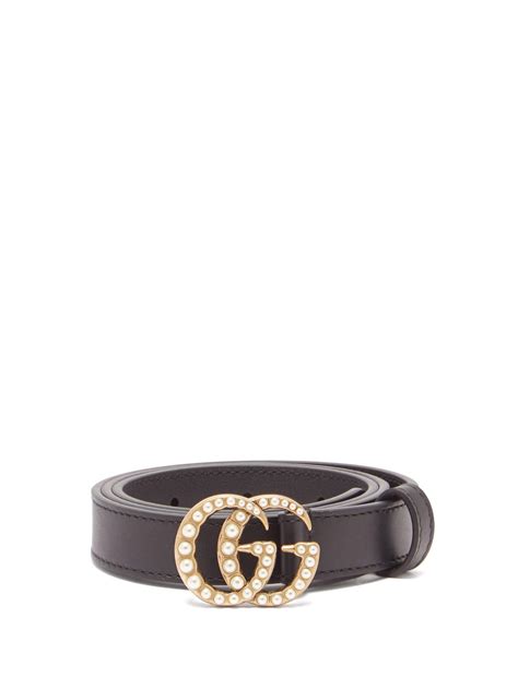 gucci faux pearl-embellished leather belt black 65|Gucci double g buckle.